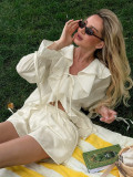 Women Spring Summer Ruffle Lace-Up Casual Top and Pocket Shorts Two-Piece Set
