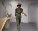 Women Summer Style Top and Belt Pant Two-Piece Set