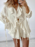 Women Spring Summer Ruffle Lace-Up Casual Top and Pocket Shorts Two-Piece Set
