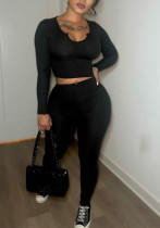 Women rib long-sleeved top and long pants two-piece set