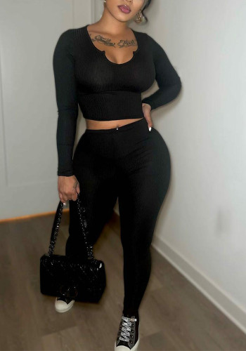 Women rib long-sleeved top and long pants two-piece set