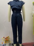Women Summer Style Top and Belt Pant Two-Piece Set