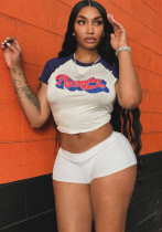 Women sexy Crop contrast color short-sleeved Top shorts two-piece set