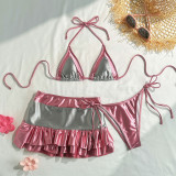 Women sexy contrast bikini short skirt lace-up Swimwear three-piece