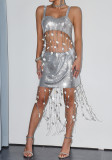 Women's Sexy Sequin Strap Top Metal Shell Tassel Skirt Set