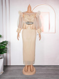 African Women's Clothing Patchwork Organza Lantern Sleeve Slim Formal Party Long Dress