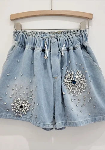 Summer Diamond High Waist Wide-Leg Denim Shorts