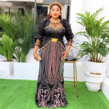African Plus Size Women's Clothing Beaded Round Neck Sequined Evening Dress