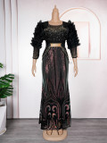 African Plus Size Women's Clothing Beaded Round Neck Sequined Evening Dress