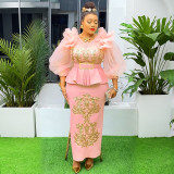 African Plus Size Women's Clothing Patchwork Bubble Sleeve Sequined High Waist Evening Dress