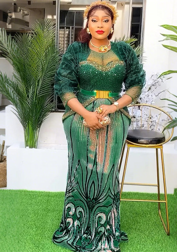 African Plus Size Women's Clothing Beaded Round Neck Sequined Evening Dress