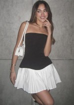 Spring Summer Women's Clothing Black And White Contrast Sexy Strapless Slim Short Pleated Dress