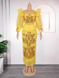 African Plus Size Women's Clothing Patchwork Bubble Sleeve Sequined High Waist Evening Dress