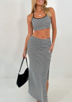 Women's Black And White Striped Knitting Sexy Halter Sleeveless Vest Slim Slit Long Skirt Two-Piece Set