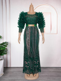 African Plus Size Women's Clothing Beaded Round Neck Sequined Evening Dress