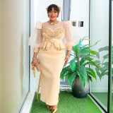 African Women's Clothing Patchwork Organza Lantern Sleeve Slim Formal Party Long Dress