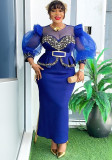 African Women's Clothing Patchwork Organza Lantern Sleeve Slim Formal Party Long Dress