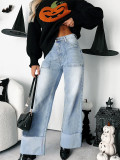 Women's High Waist Folded Hem Washed Straight Denim Trousers