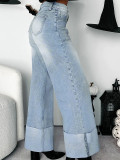 Women's High Waist Folded Hem Washed Straight Denim Trousers