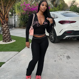 Women's Spring Printed Long-Sleeved Hooded Zipper Top High Waist Tight Fitting Bell Bottom Pants Two Piece Set