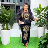 African Plus Size Women's Clothing Patchwork Bubble Sleeve Sequined High Waist Evening Dress