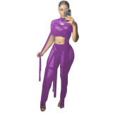 Women's Sexy Mesh See-Through Lace-Up Solid Color Short Sleeve Two-Piece Pants Set