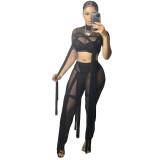 Women's Sexy Mesh See-Through Lace-Up Solid Color Short Sleeve Two-Piece Pants Set