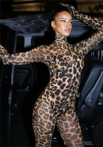 Women's Spring Leopard Print Mesh Long Sleeve Tight Fitting Sexy Jumpsuit