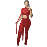 Women's Sexy Mesh See-Through Lace-Up Solid Color Short Sleeve Two-Piece Pants Set