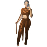 Women's Sexy Mesh See-Through Lace-Up Solid Color Short Sleeve Two-Piece Pants Set