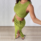 Textured Summer Sleeveless Vest Split Skirt Two-Piece Set