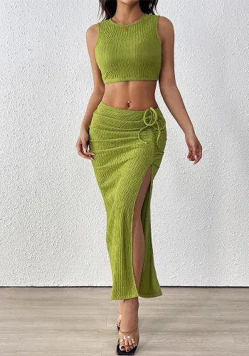 Textured Summer Sleeveless Vest Split Skirt Two-Piece Set