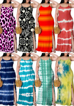 Sexy U-Neck Printed Strap Sleeveless Split Fashion Plus Size Dress