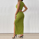 Textured Summer Sleeveless Vest Split Skirt Two-Piece Set