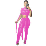 Women's Sexy Mesh See-Through Lace-Up Solid Color Short Sleeve Two-Piece Pants Set