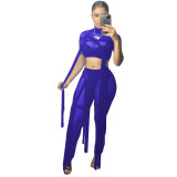 Women's Sexy Mesh See-Through Lace-Up Solid Color Short Sleeve Two-Piece Pants Set