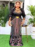 African Plus Size Women's Clothing Beaded Round Neck Sequined Evening Dress