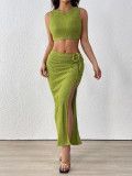 Textured Summer Sleeveless Vest Split Skirt Two-Piece Set
