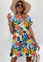 Women Short Sleeve V-Neck Summer Print Dress