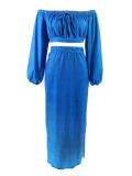 Women Casual Off-Shoulder Slit Top and Long Skirt Two Piece Set