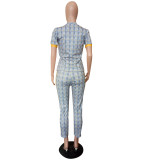 Women Spring Printed Short Sleeve Top and Pants Two Piece Set