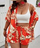 Women Spring Summer Printed Casual Holidays Top and Shorts Two Piece Set