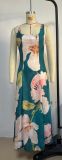 Women Summer French Retro Long Dress Printed Suspender Dress