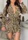 Women Leopard Shiny Tie-knot Lotus Leaf High Neck Dress