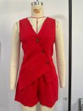 Women Summer Solid Casual V-Neck Vest and Shorts Two Piece Set