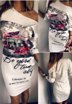 Women summer popular style printed slash shoulder dress