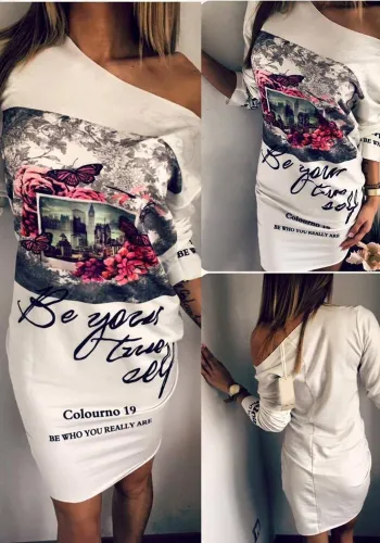 Women summer popular style printed slash shoulder dress