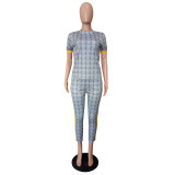 Women Spring Printed Short Sleeve Top and Pants Two Piece Set