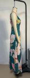 Women Summer French Retro Long Dress Printed Suspender Dress