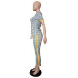 Women Spring Printed Short Sleeve Top and Pants Two Piece Set